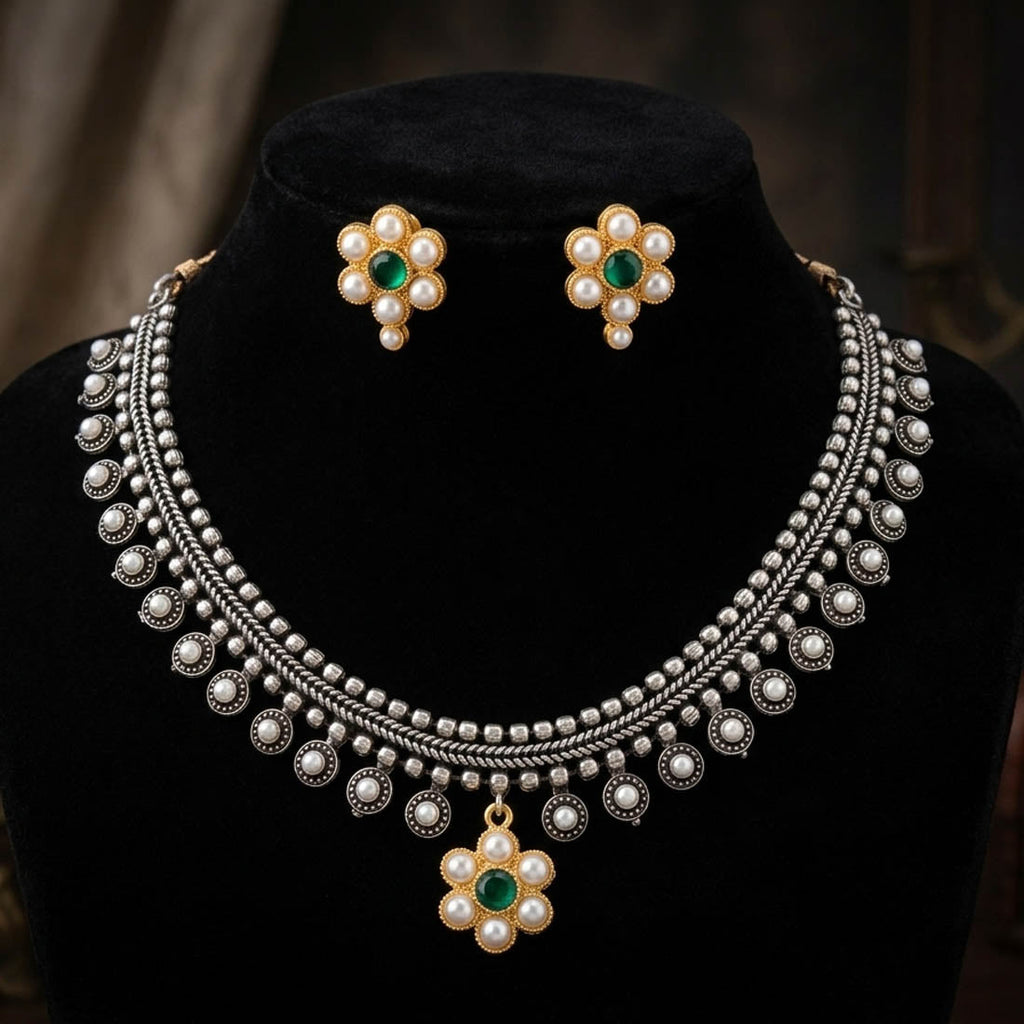 Green Color Dual Tone Oxidised Necklace Set