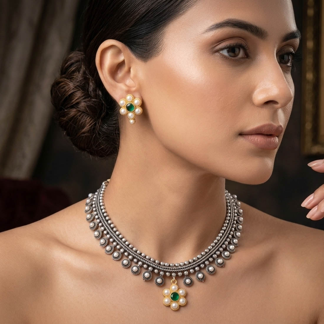 Green Color Dual Tone Oxidised Necklace Set