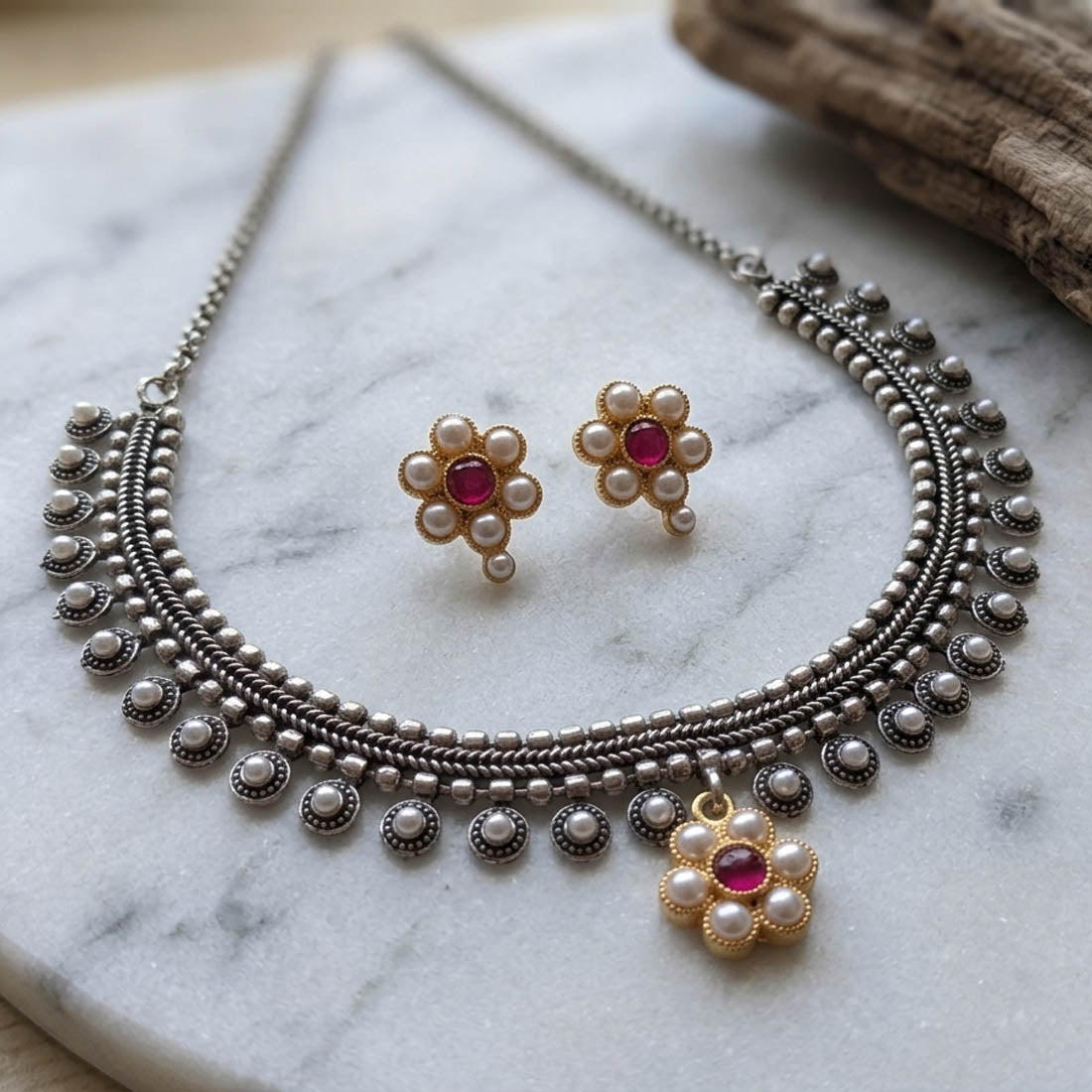 Rani Color Traditional Dual Tone Oxidised Necklace Set