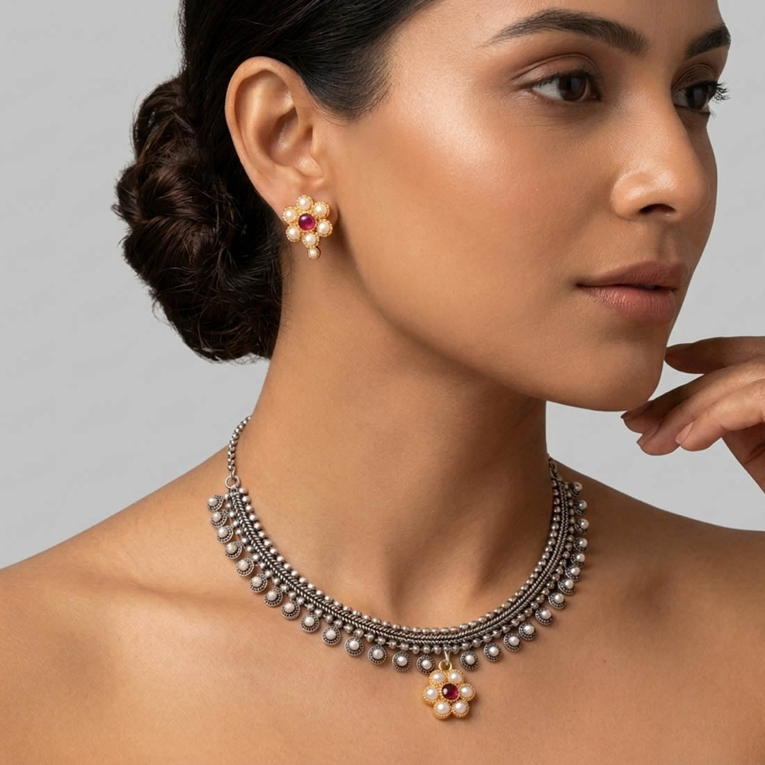 Rani Color Traditional Dual Tone Oxidised Necklace Set