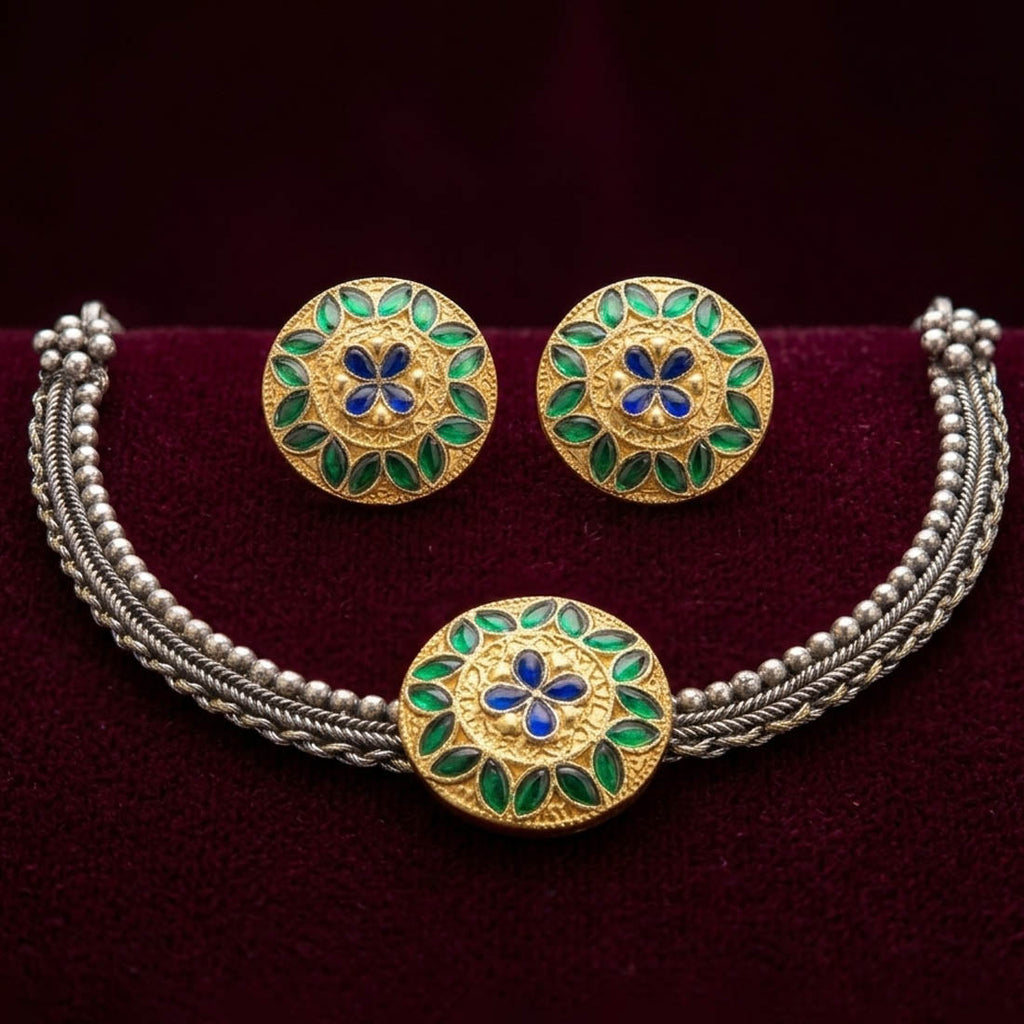 Green Color Classic Dual Tone Oxidised Necklace Set