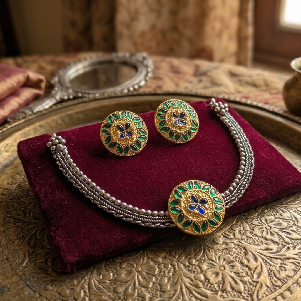 Green Color Classic Dual Tone Oxidised Necklace Set