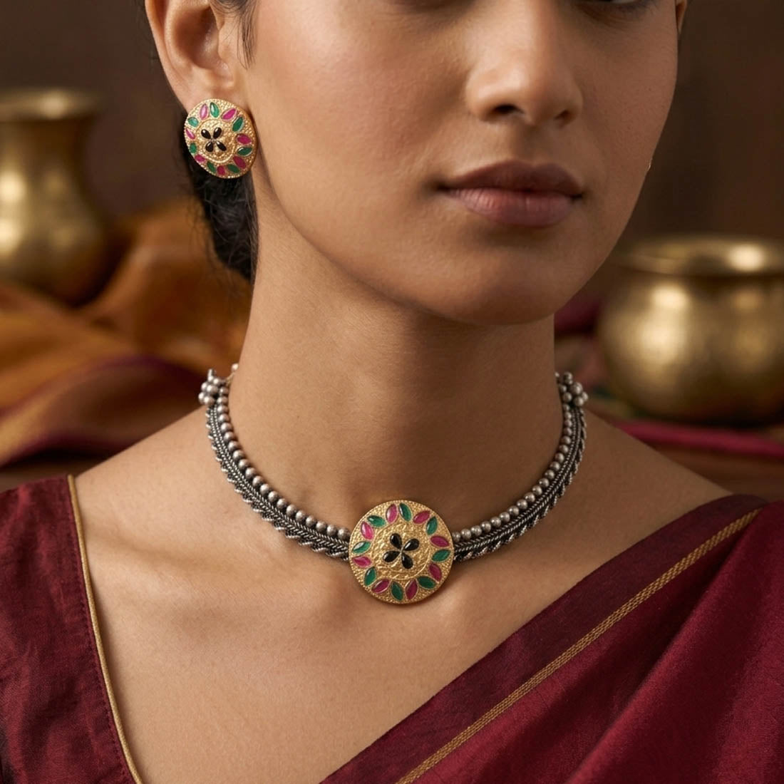 Multi Color Dual Tone Oxidised Necklace Set