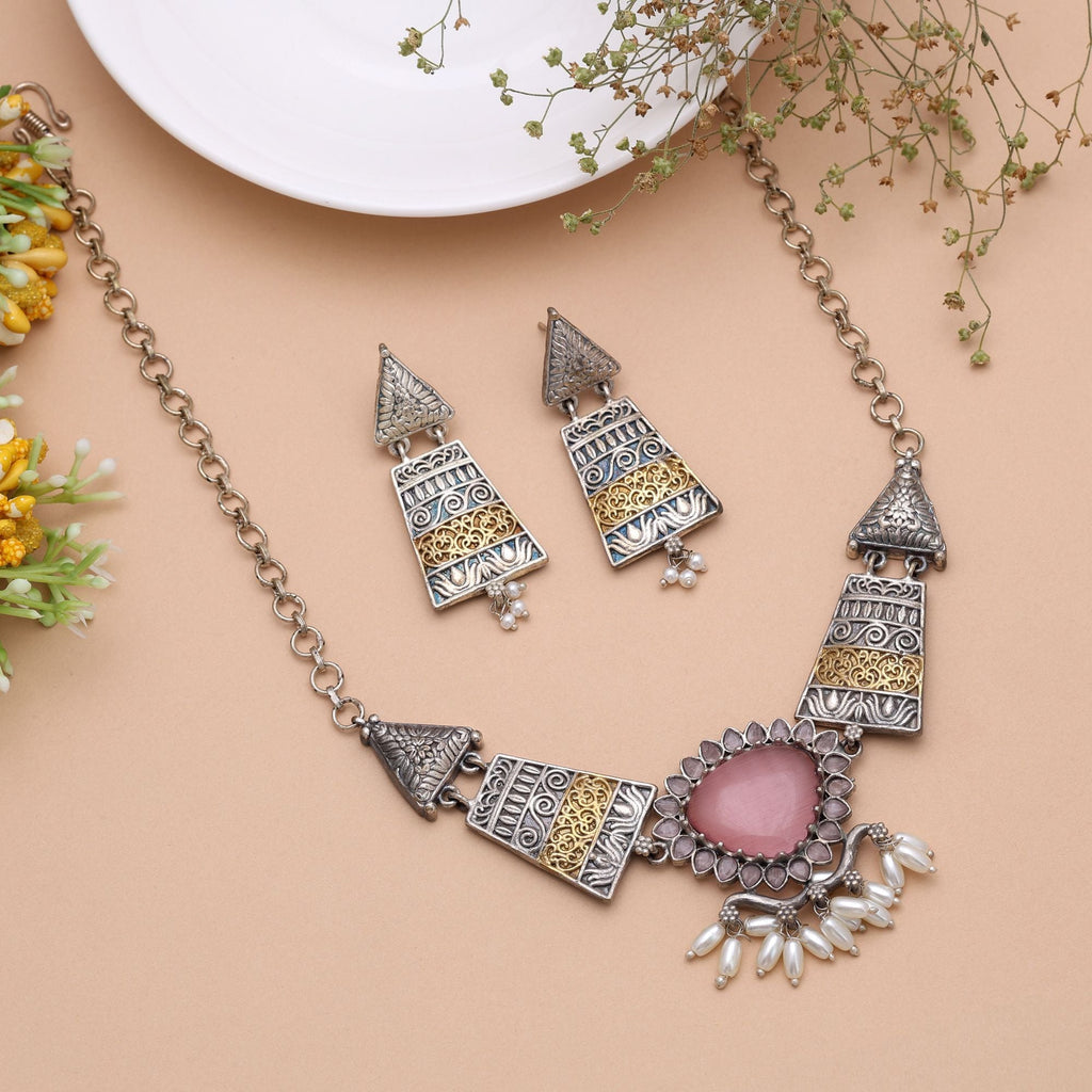 Light Pink Color Dual Tone Oxidised Necklace Set Traditional Design