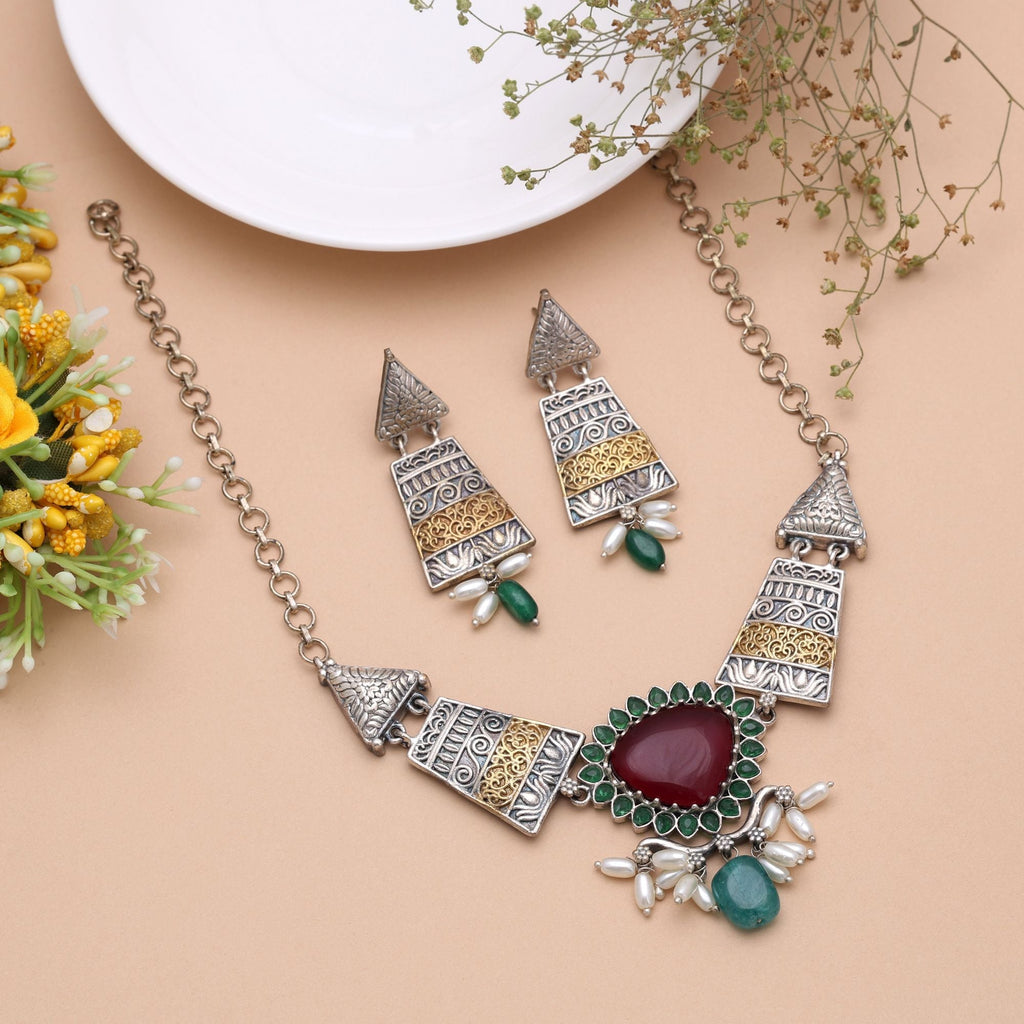 Maroon & Green Color Dual Tone Oxidised Necklace Set Ethnic Style