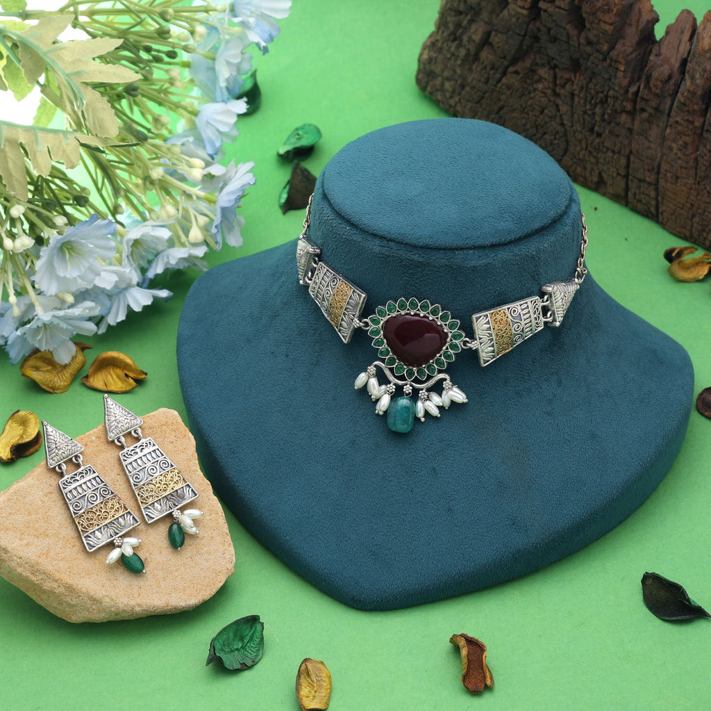 Maroon & Green Color Dual Tone Oxidised Necklace Set Ethnic Style