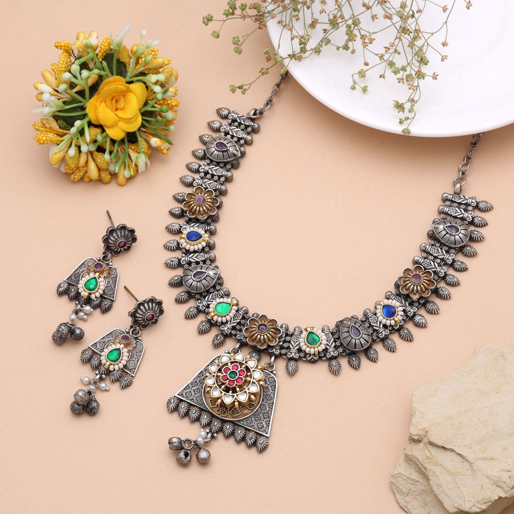 Multi Color Dual Tone Pachi Kundan Oxidised Necklace Set Handmade Appeal