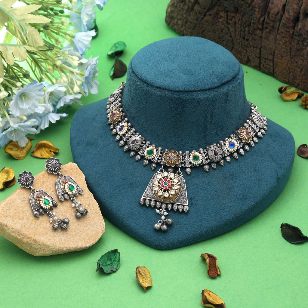 Multi Color Dual Tone Pachi Kundan Oxidised Necklace Set Handmade Appeal