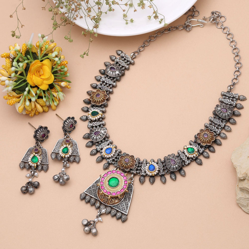 Multi Color Dual Tone Pachi Kundan Oxidised Necklace Set Designer Style