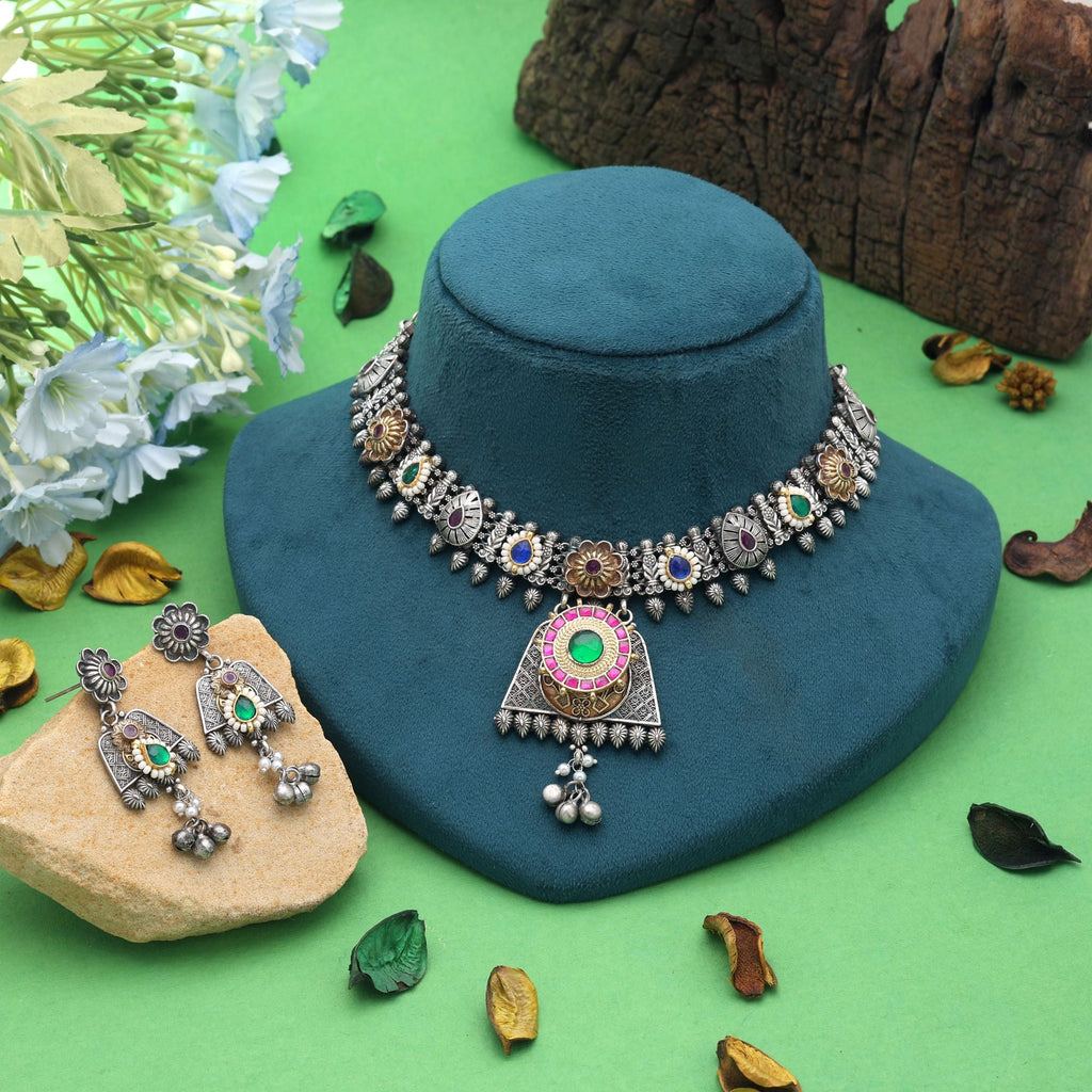Multi Color Dual Tone Pachi Kundan Oxidised Necklace Set Designer Style