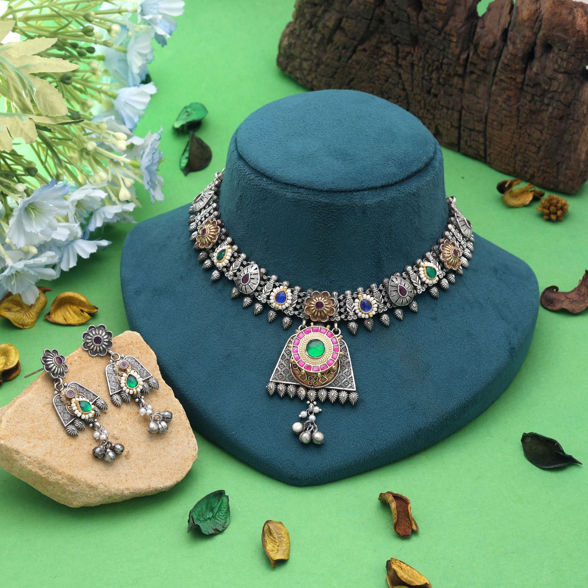 Multi Color Dual Tone Pachi Kundan Oxidised Necklace Set Designer Style