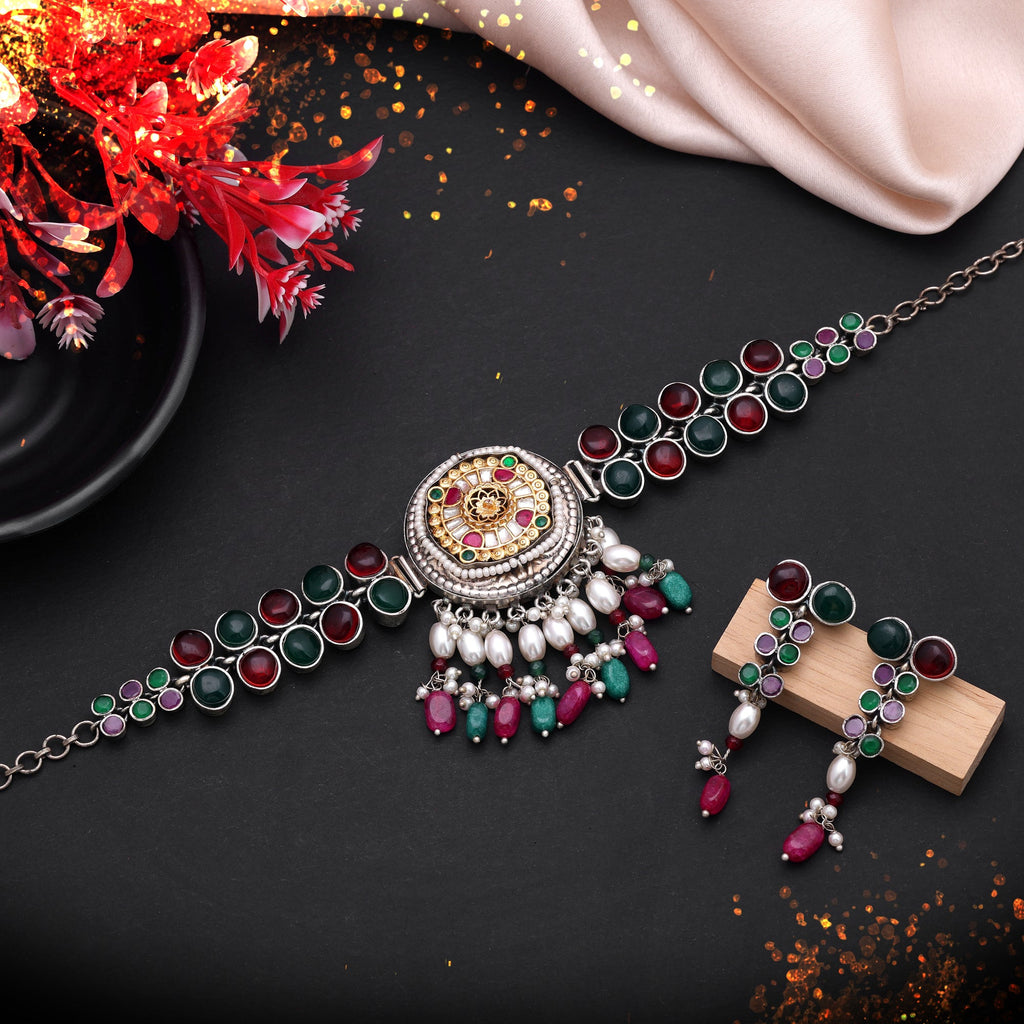 Multi Color Dual Tone Oxidised Necklace Set Festive Wear