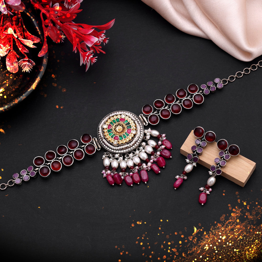 Maroon & Rani Color Dual Tone Oxidised Necklace Set Designer Finish