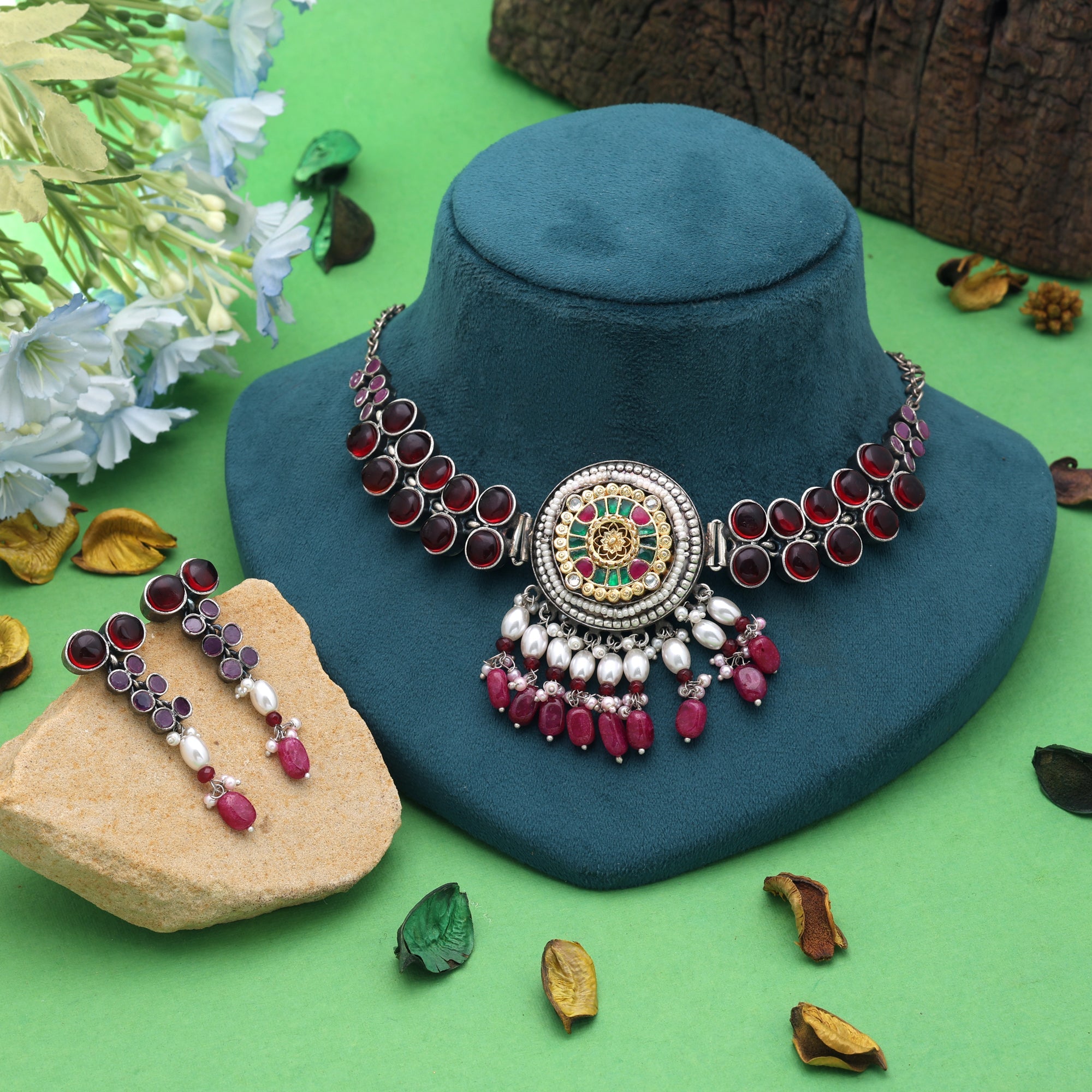Maroon & Rani Color Dual Tone Oxidised Necklace Set Designer Finish