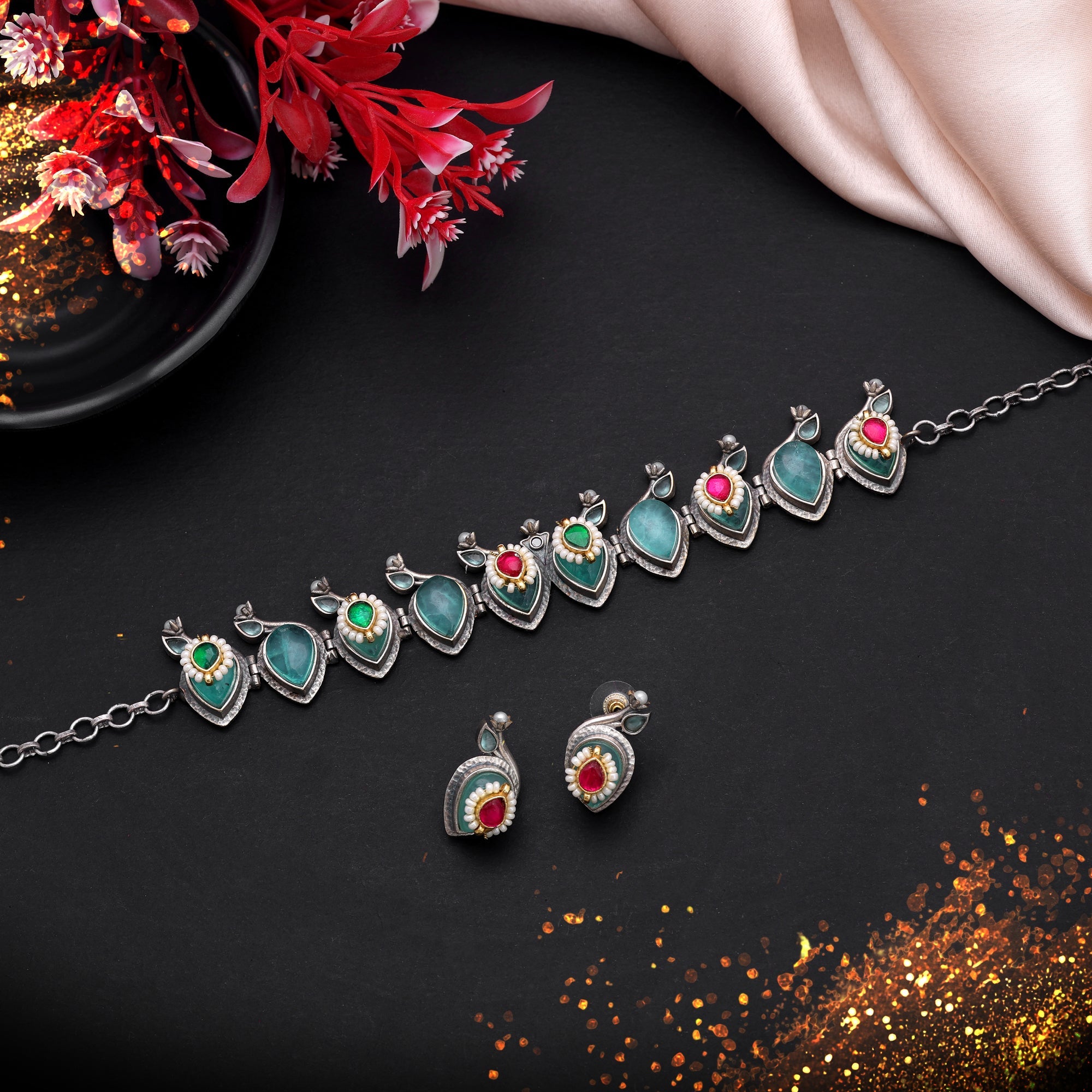 Multi Color Dual Tone Oxidised Necklace Set Ethnic Style