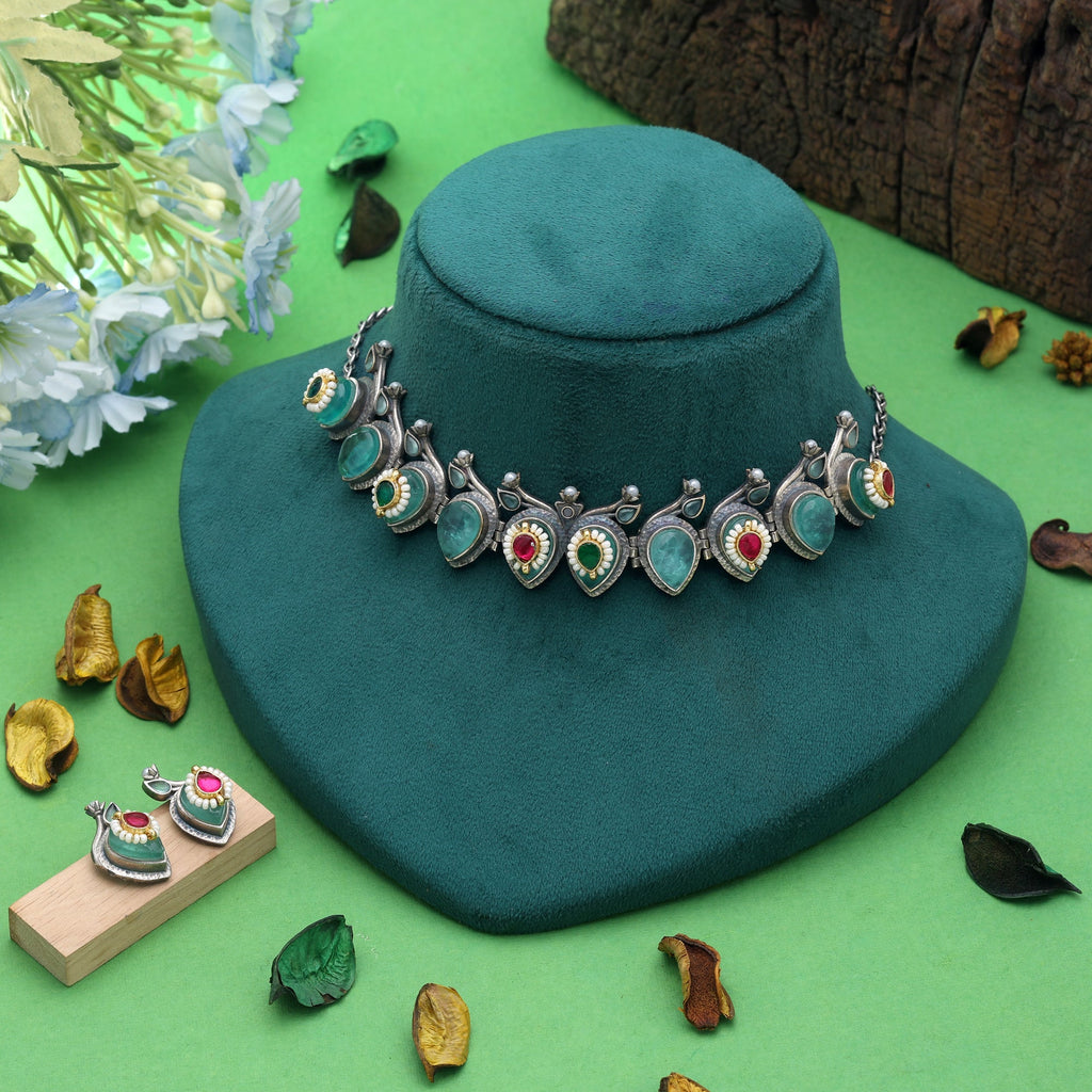Multi Color Dual Tone Oxidised Necklace Set Ethnic Style