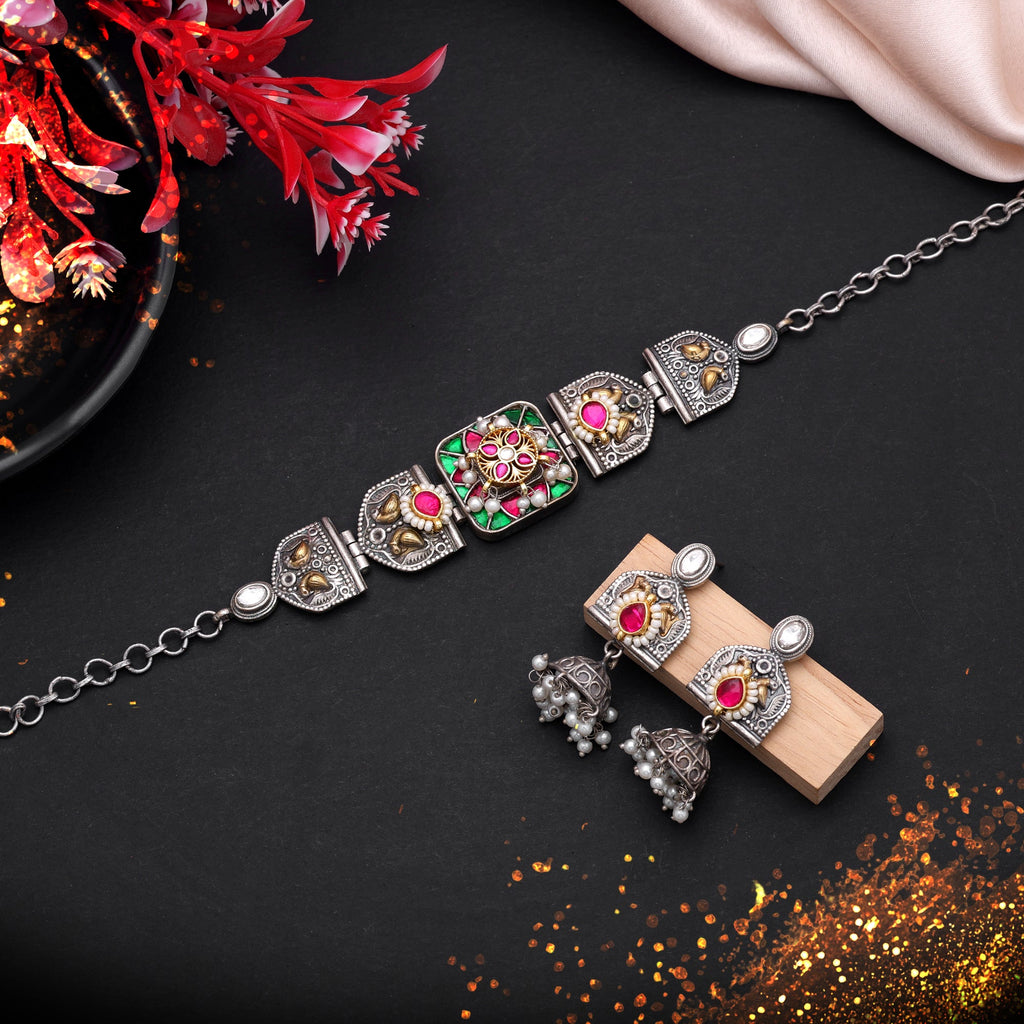 Multi Color Dual Tone Oxidised Necklace Set Party Wear