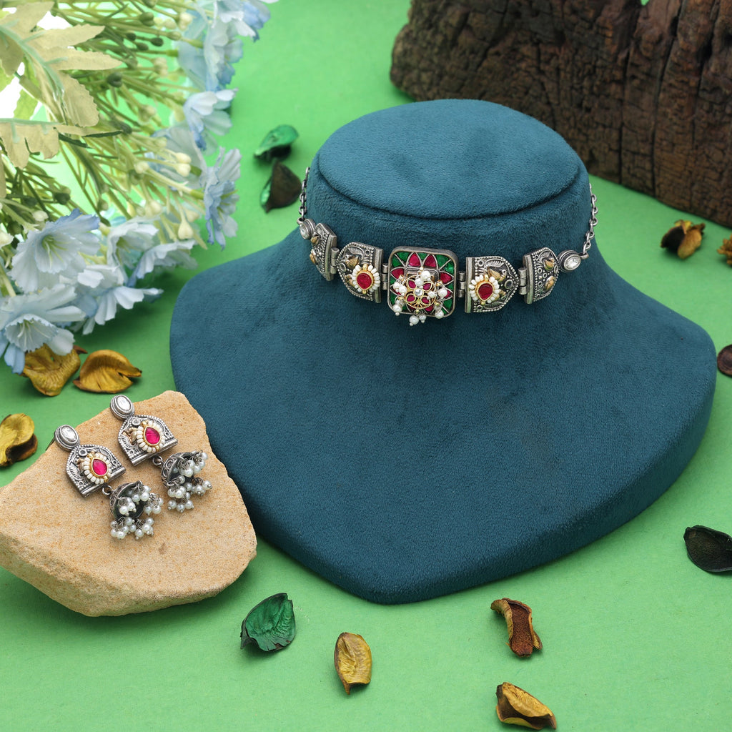 Multi Color Dual Tone Oxidised Necklace Set Party Wear