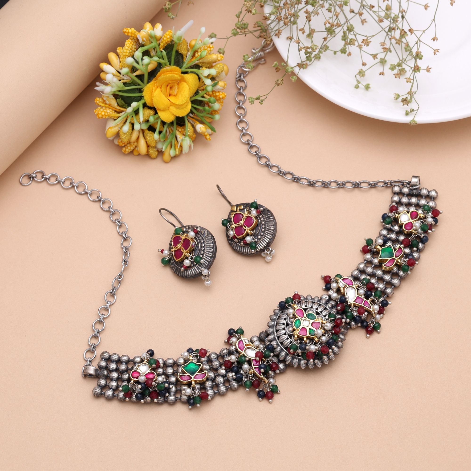 Multi Color Pachi Kundan Dual Tone Oxidised Necklace Set Ethnic Finish