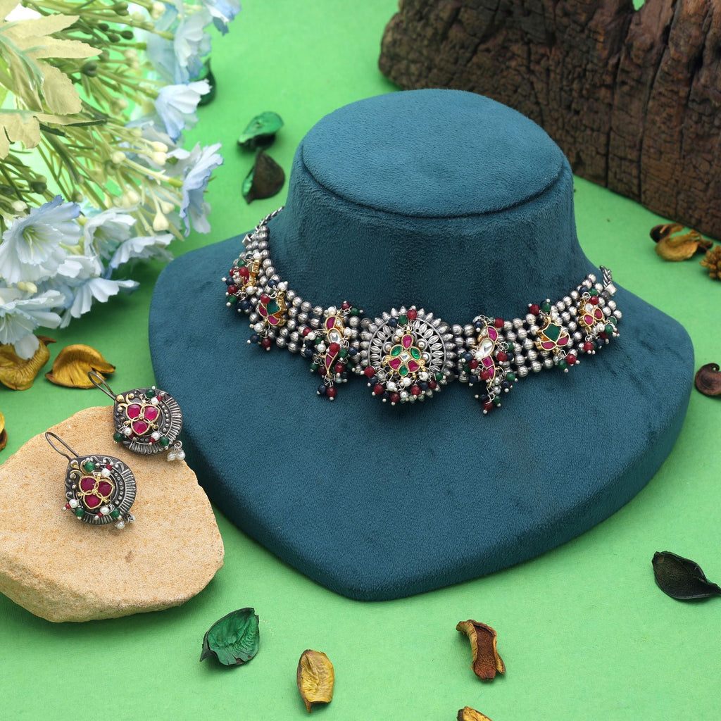 Multi Color Pachi Kundan Dual Tone Oxidised Necklace Set Ethnic Finish