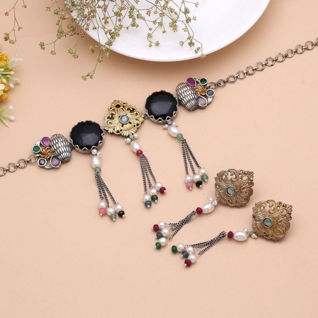 Black Color Dual Tone Oxidised Necklace Set Traditional Appeal