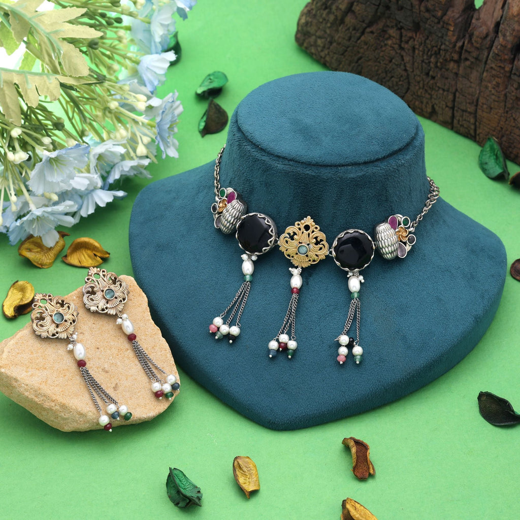 Black Color Dual Tone Oxidised Necklace Set Traditional Appeal