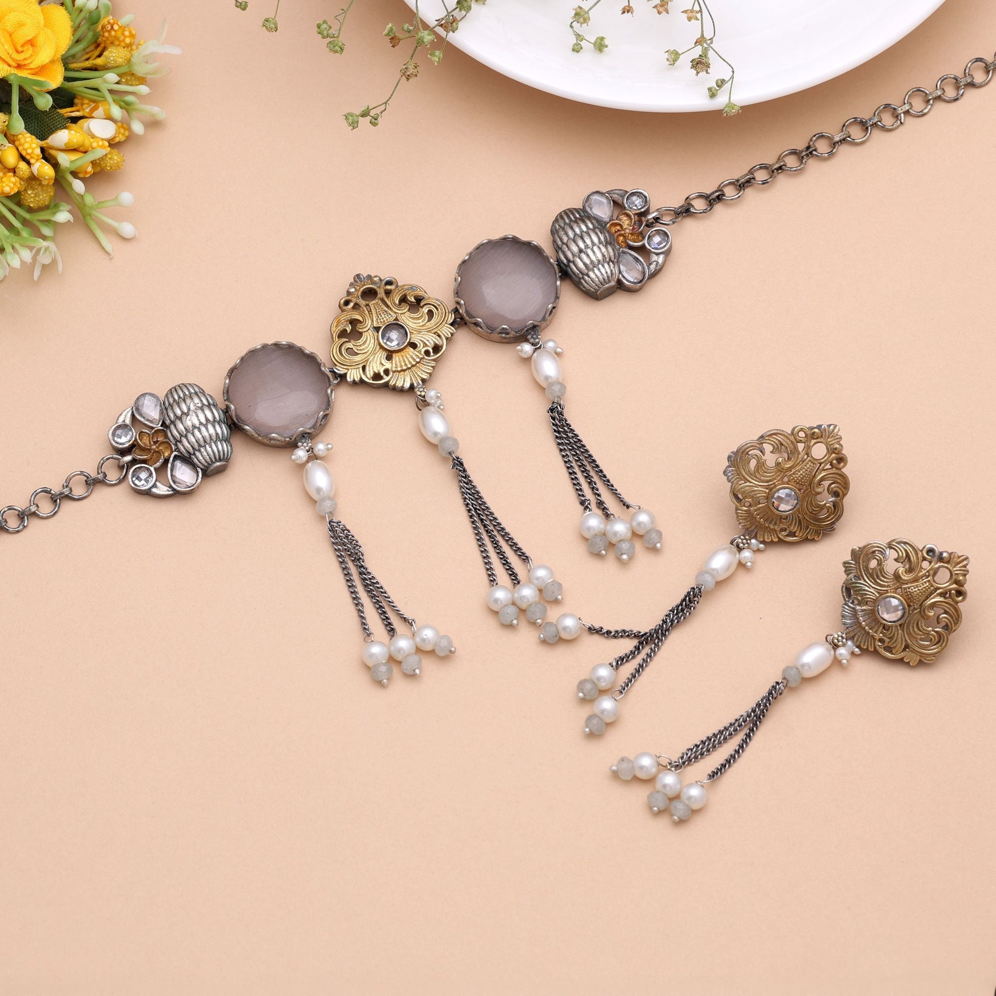 Grey Color Dual Tone Oxidised Necklace Set Ethnic Design