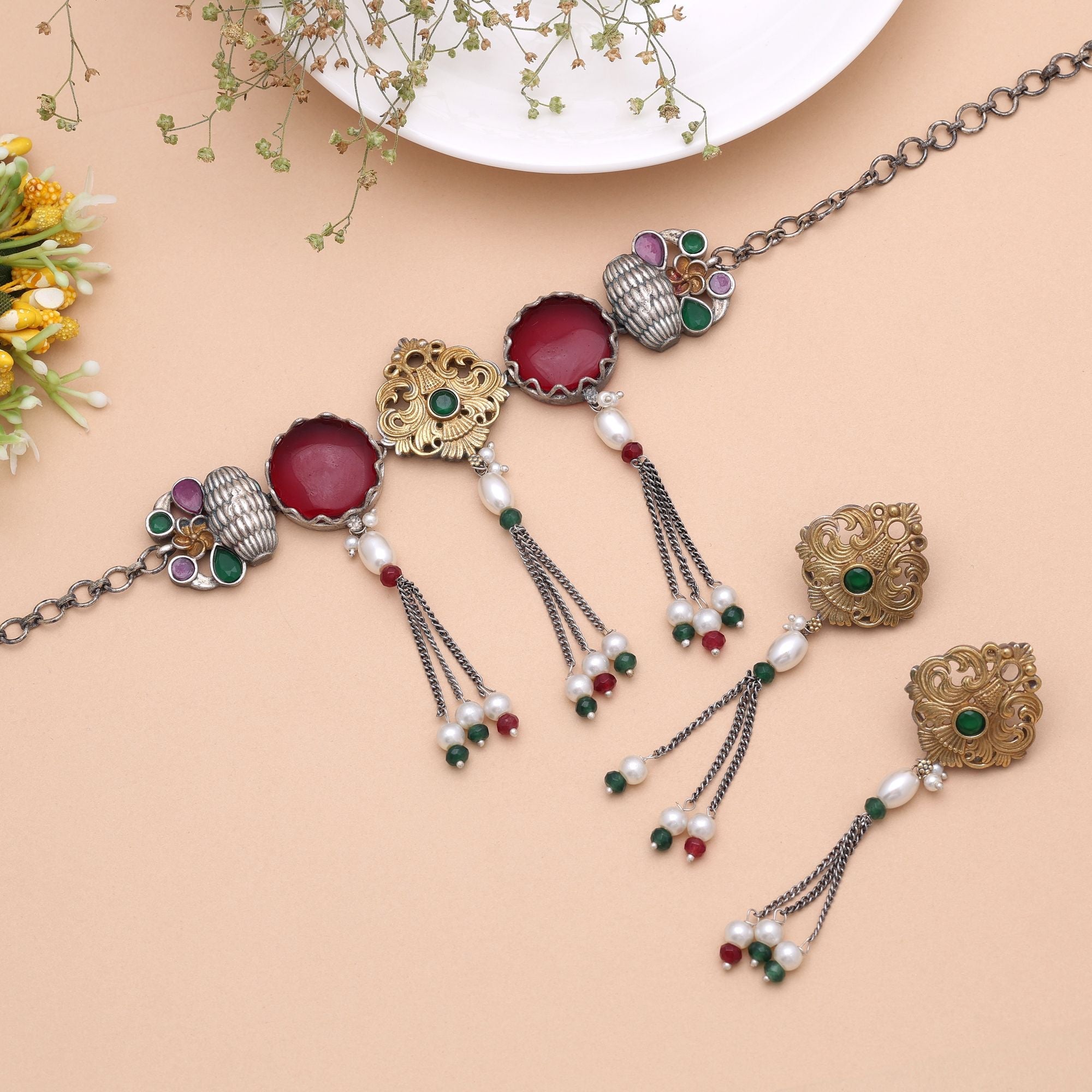 Maroon Color Dual Tone Oxidised Necklace Set Handmade Style