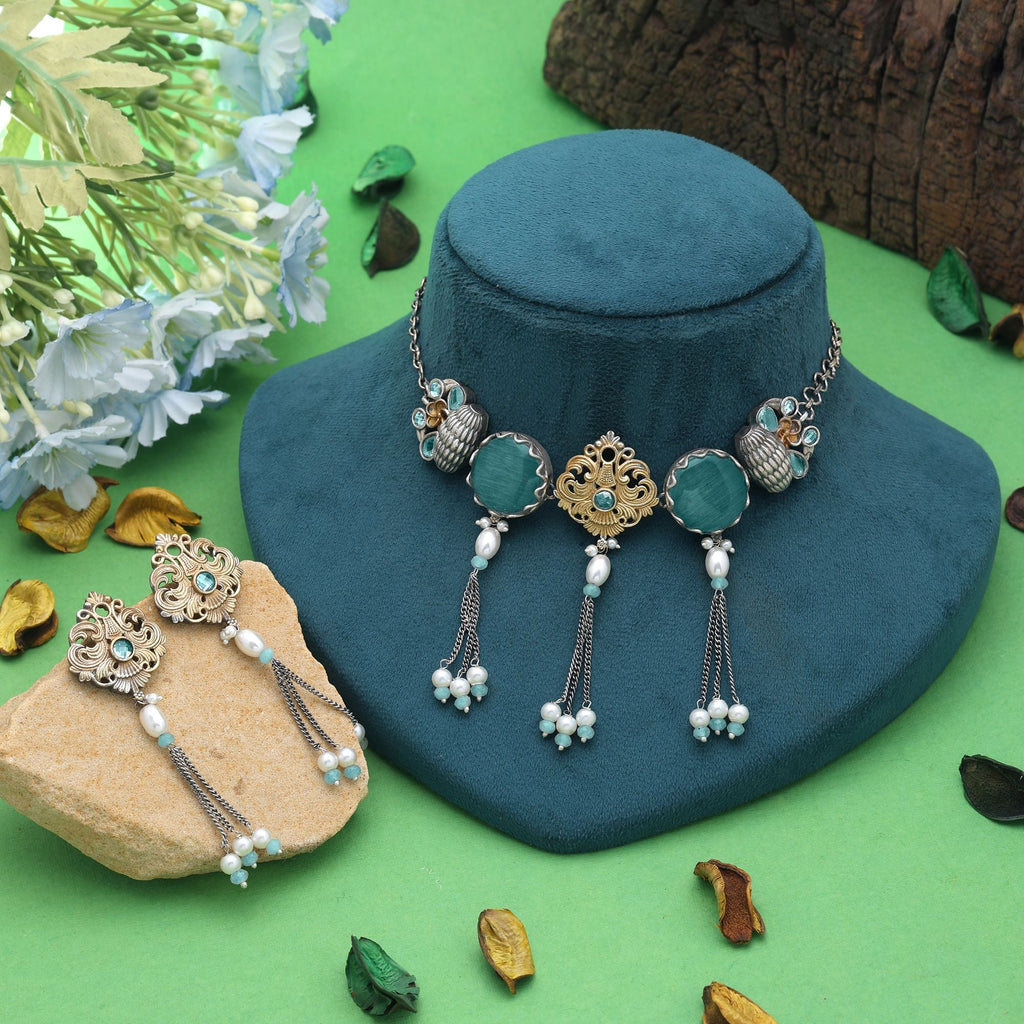 Sea Green Color Dual Tone Oxidised Necklace Set Designer Style
