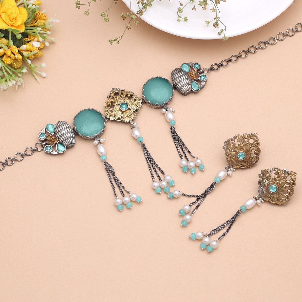 Sea Green Color Dual Tone Oxidised Necklace Set Designer Style