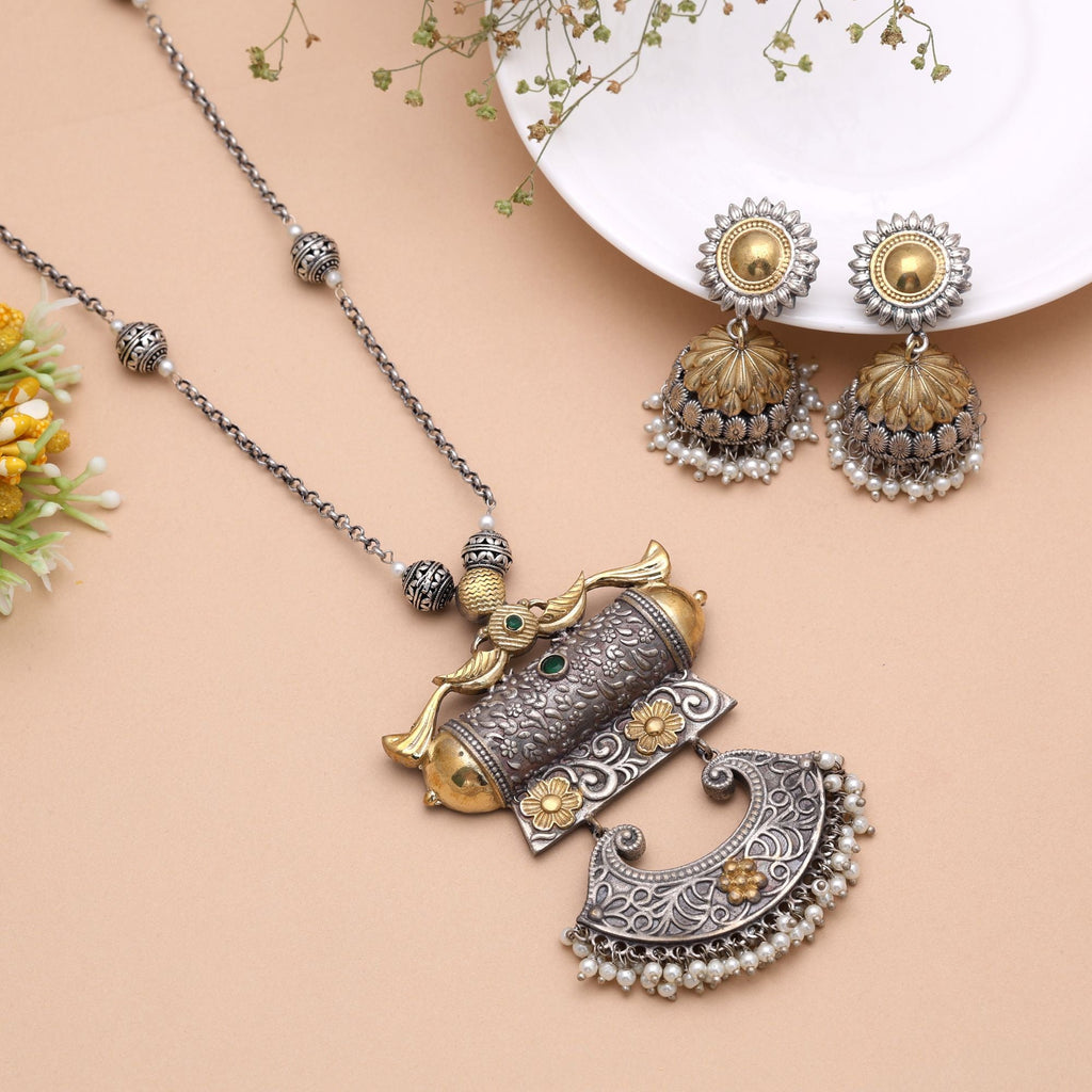 Green Color Dual Tone Oxidised Necklace Set Festive Wear