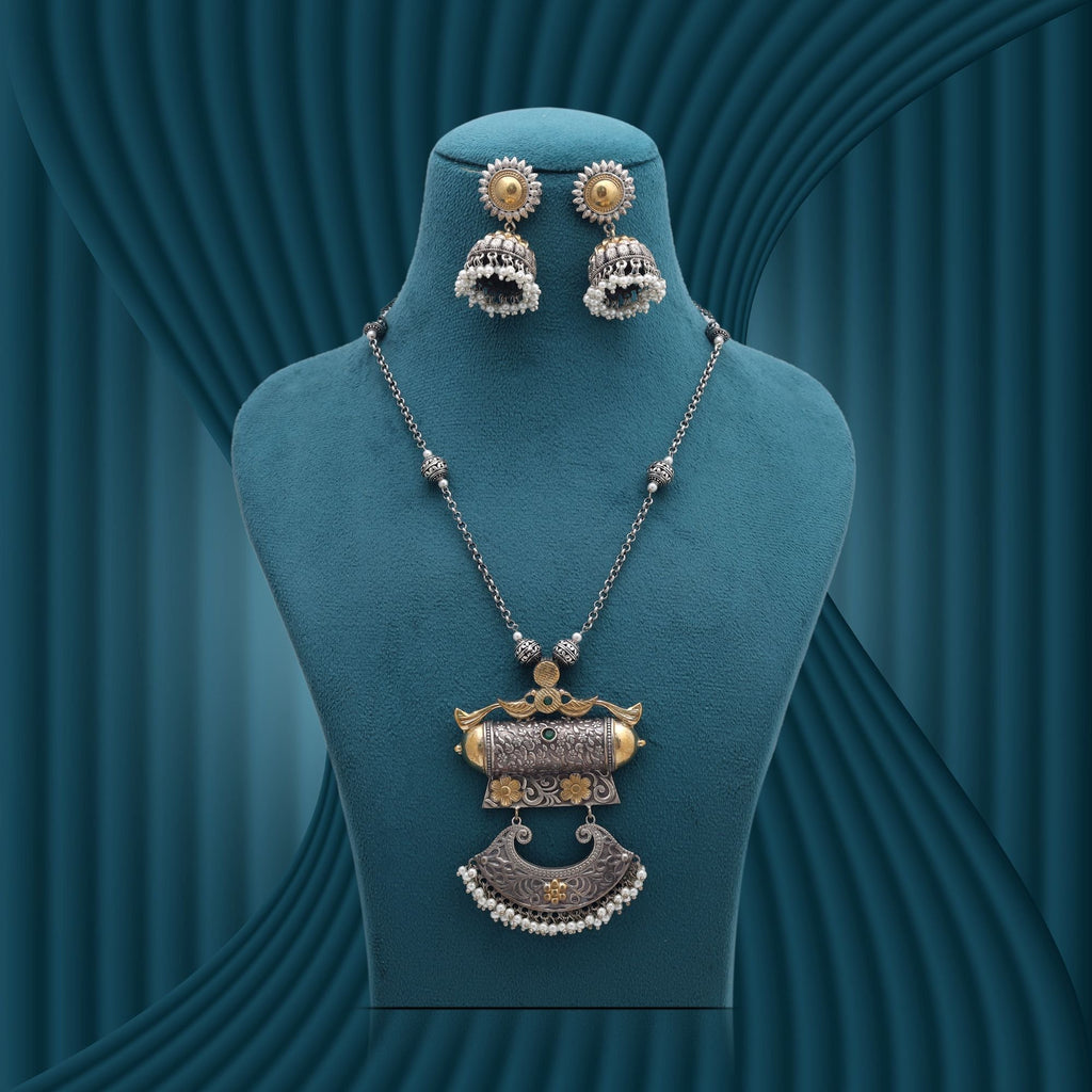 Green Color Dual Tone Oxidised Necklace Set Festive Wear