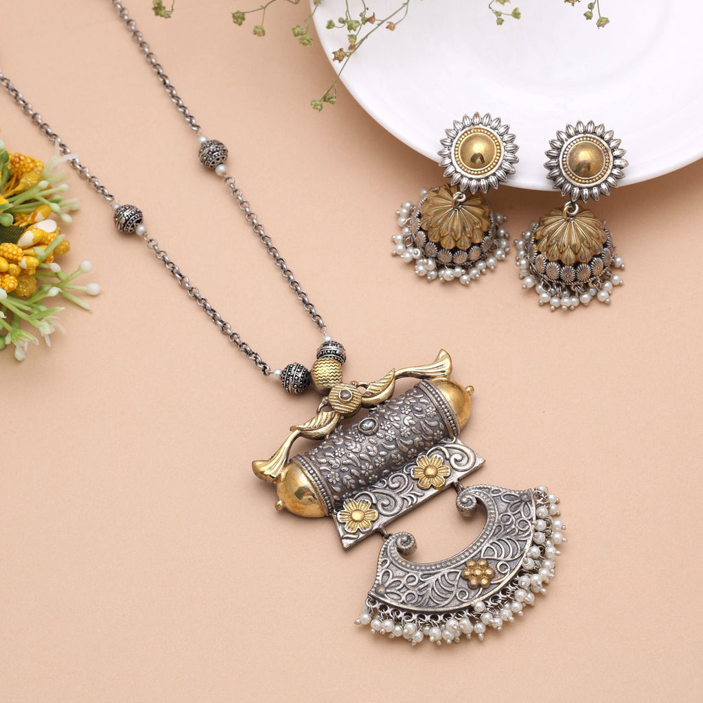 White Color Dual Tone Oxidised Necklace Set Traditional Finish