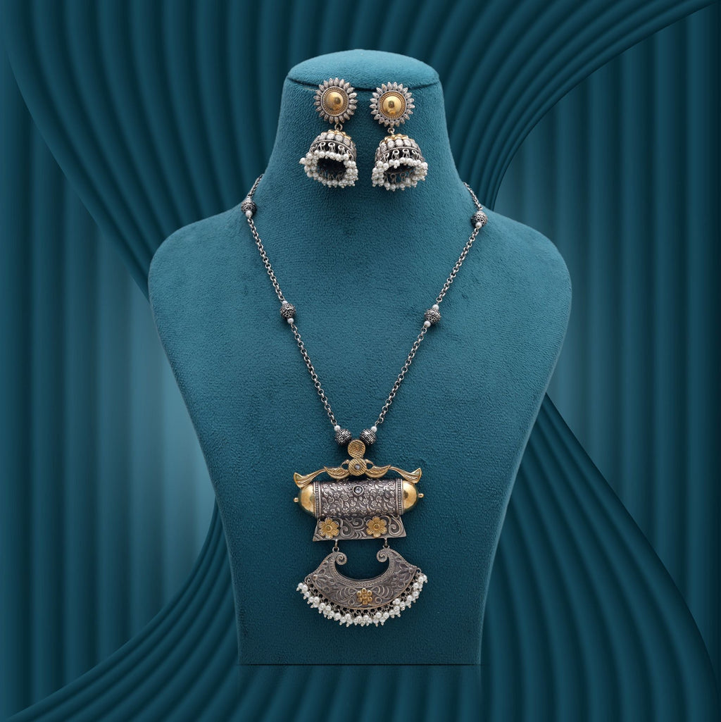 White Color Dual Tone Oxidised Necklace Set Traditional Finish
