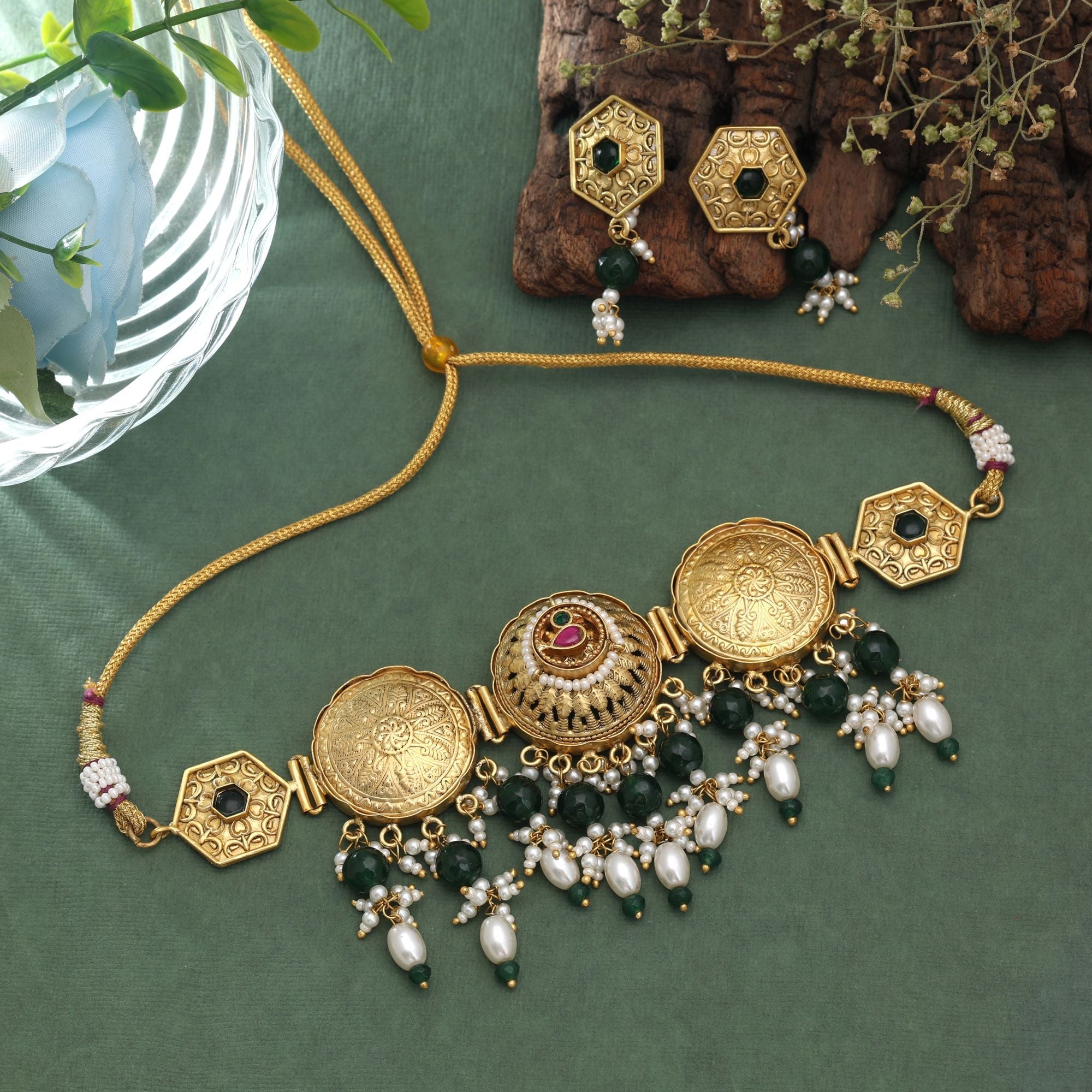 Green Color Pachi Kundan Oxidised Necklace Set Handmade Ethnic Style