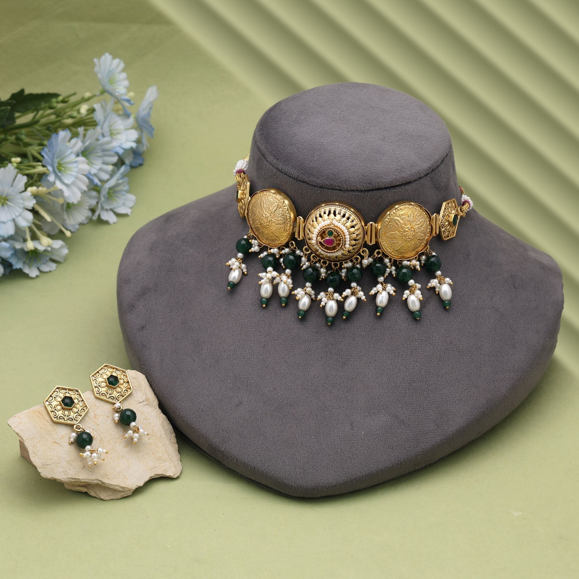 Green Color Pachi Kundan Oxidised Necklace Set Handmade Ethnic Style