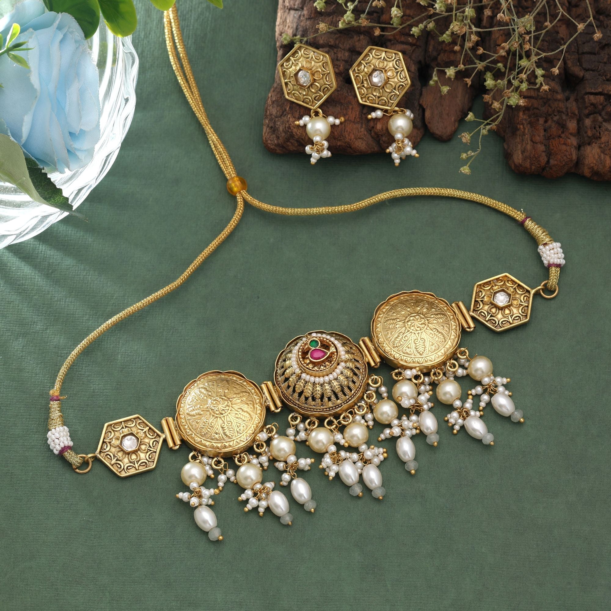 White Color Pachi Kundan Oxidised Necklace Set Traditional Appeal