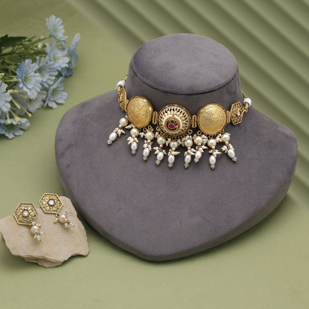 White Color Pachi Kundan Oxidised Necklace Set Traditional Appeal