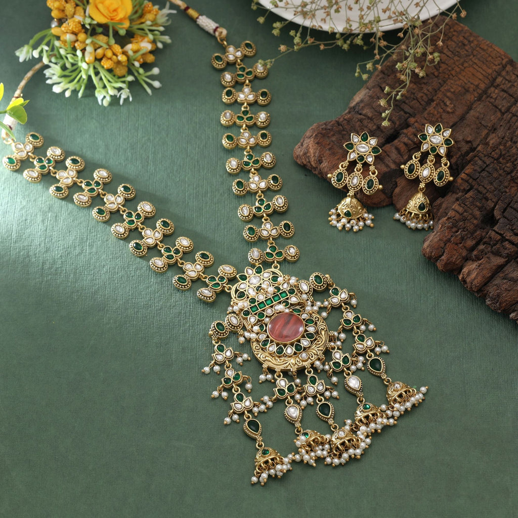 Peach Color Quartz Oxidised Necklace Set Designer Fashion Style