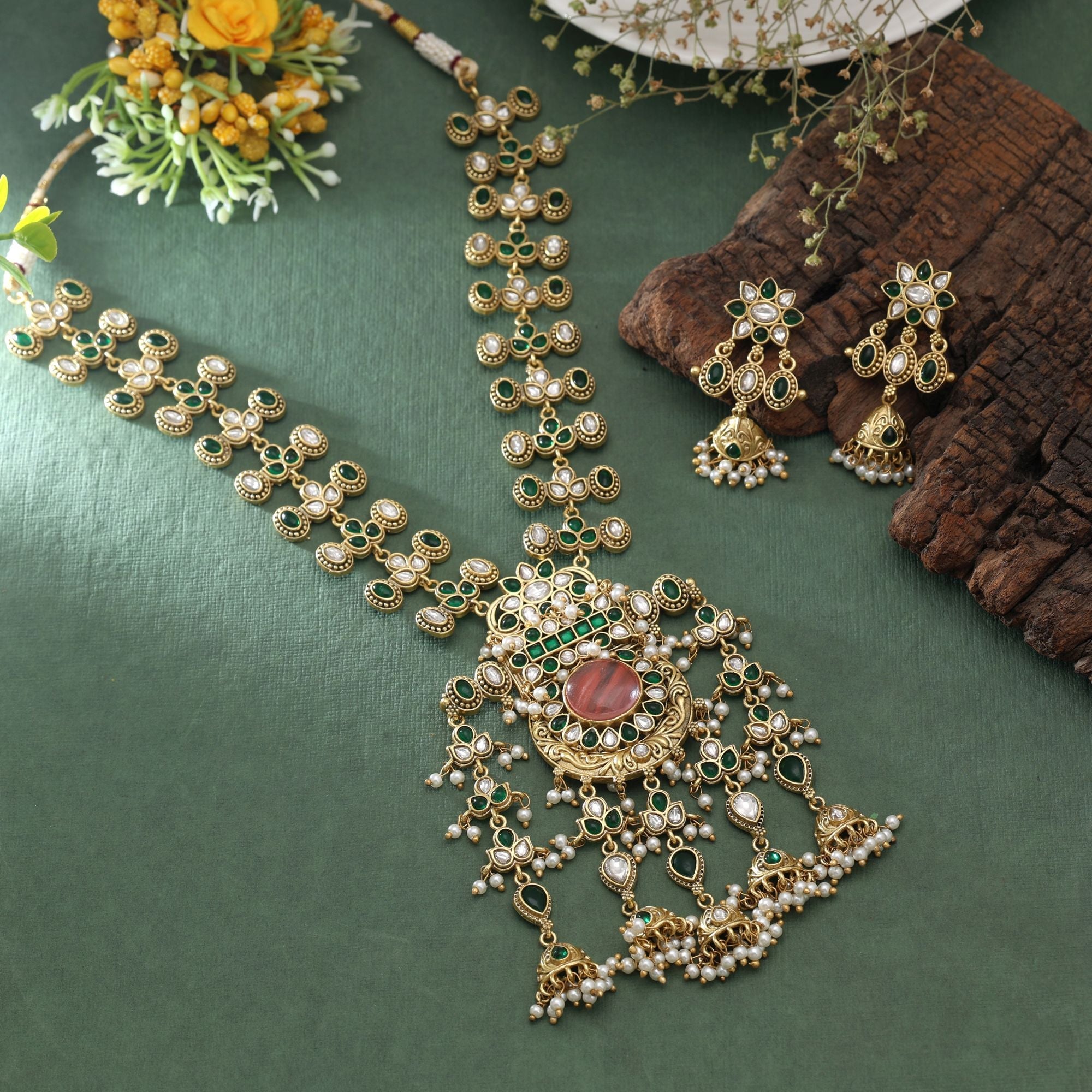 Peach Color Quartz Oxidised Necklace Set Designer Fashion Style