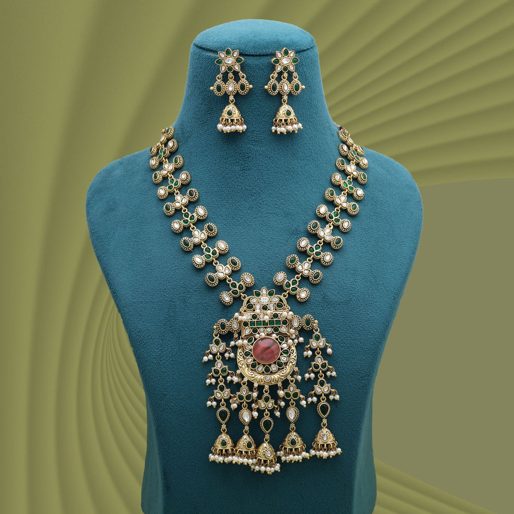 Peach Color Quartz Oxidised Necklace Set Designer Fashion Style