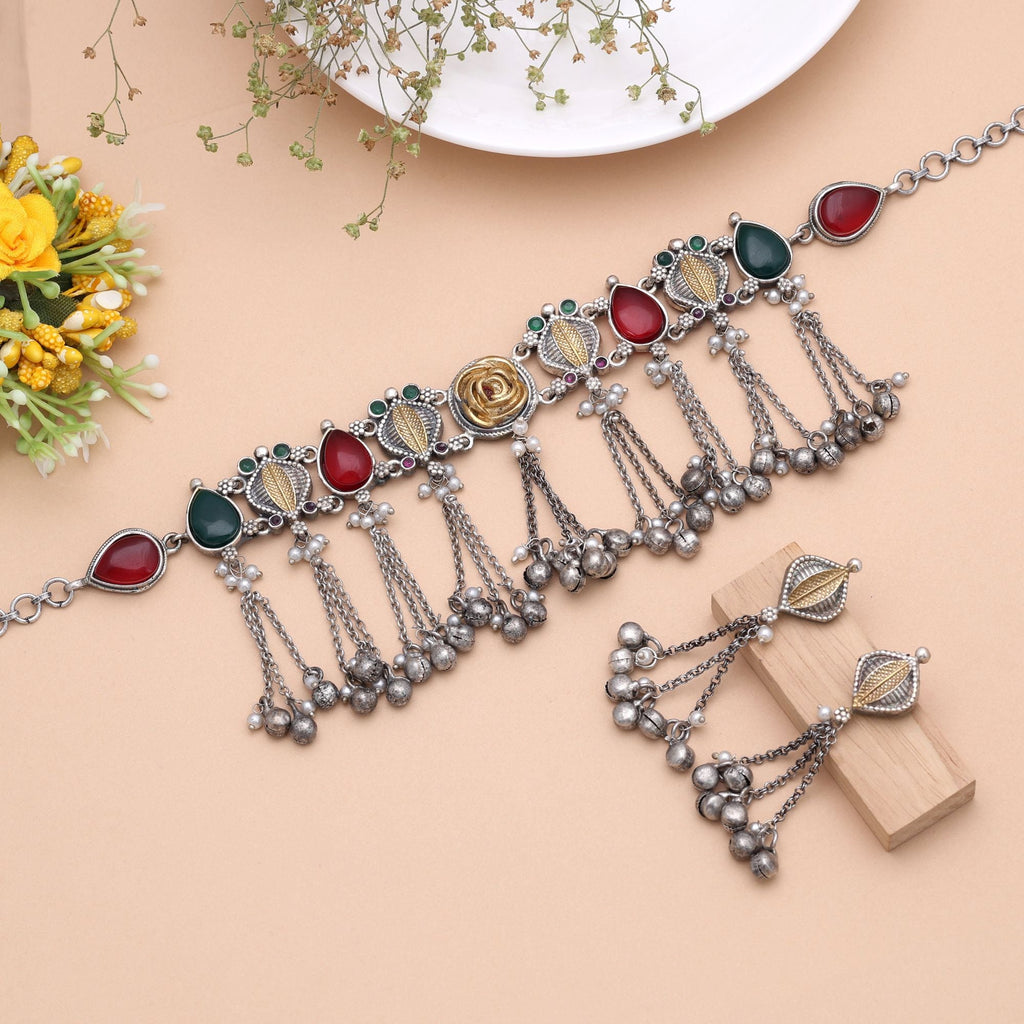 Multi Color Dual Tone Oxidised Kashmiri Necklace Set Heritage Style