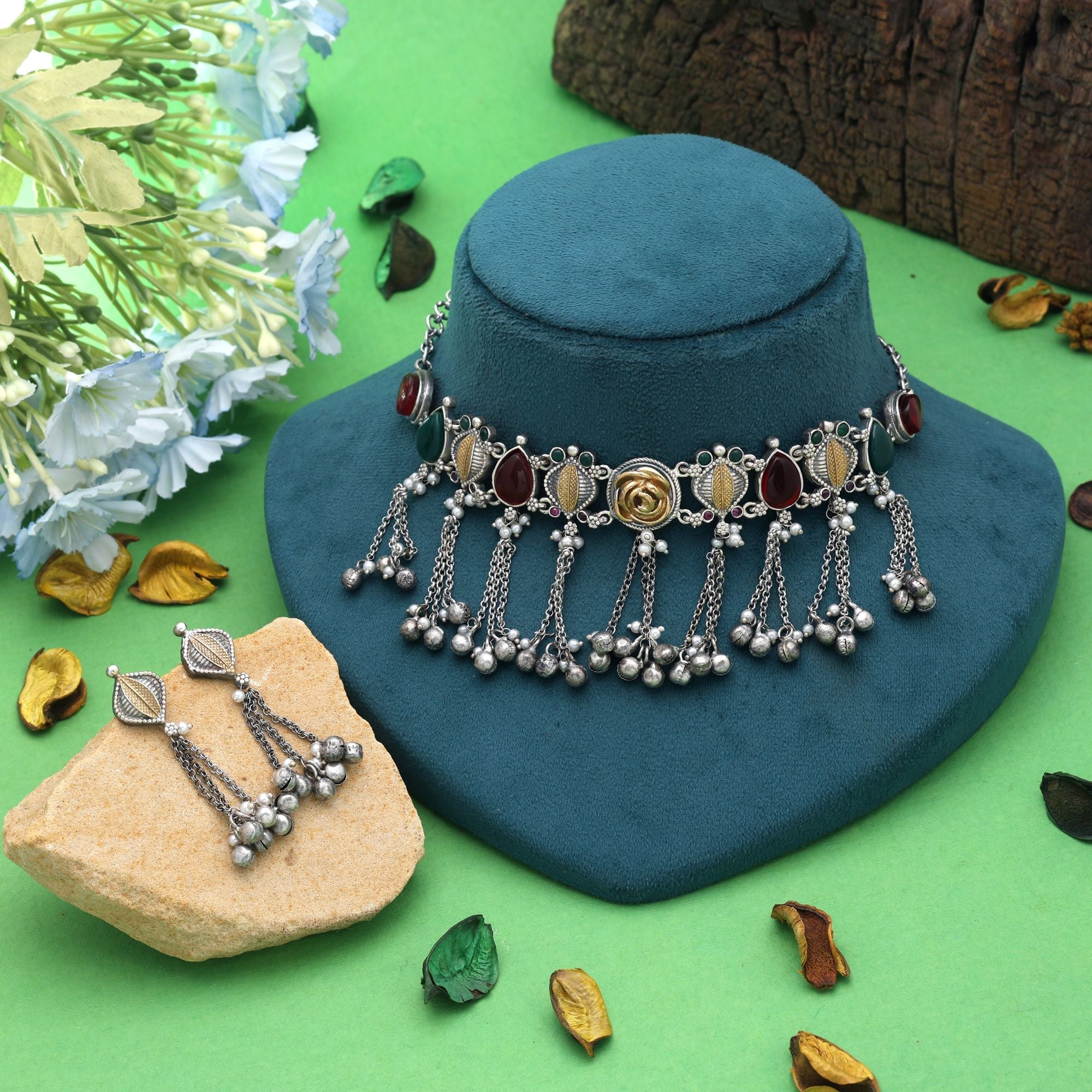 Multi Color Dual Tone Oxidised Kashmiri Necklace Set Heritage Style