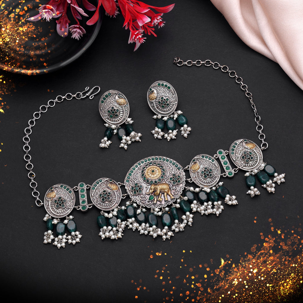 Green Color Dual Tone Oxidised Stone Necklace Set Ethnic Appeal