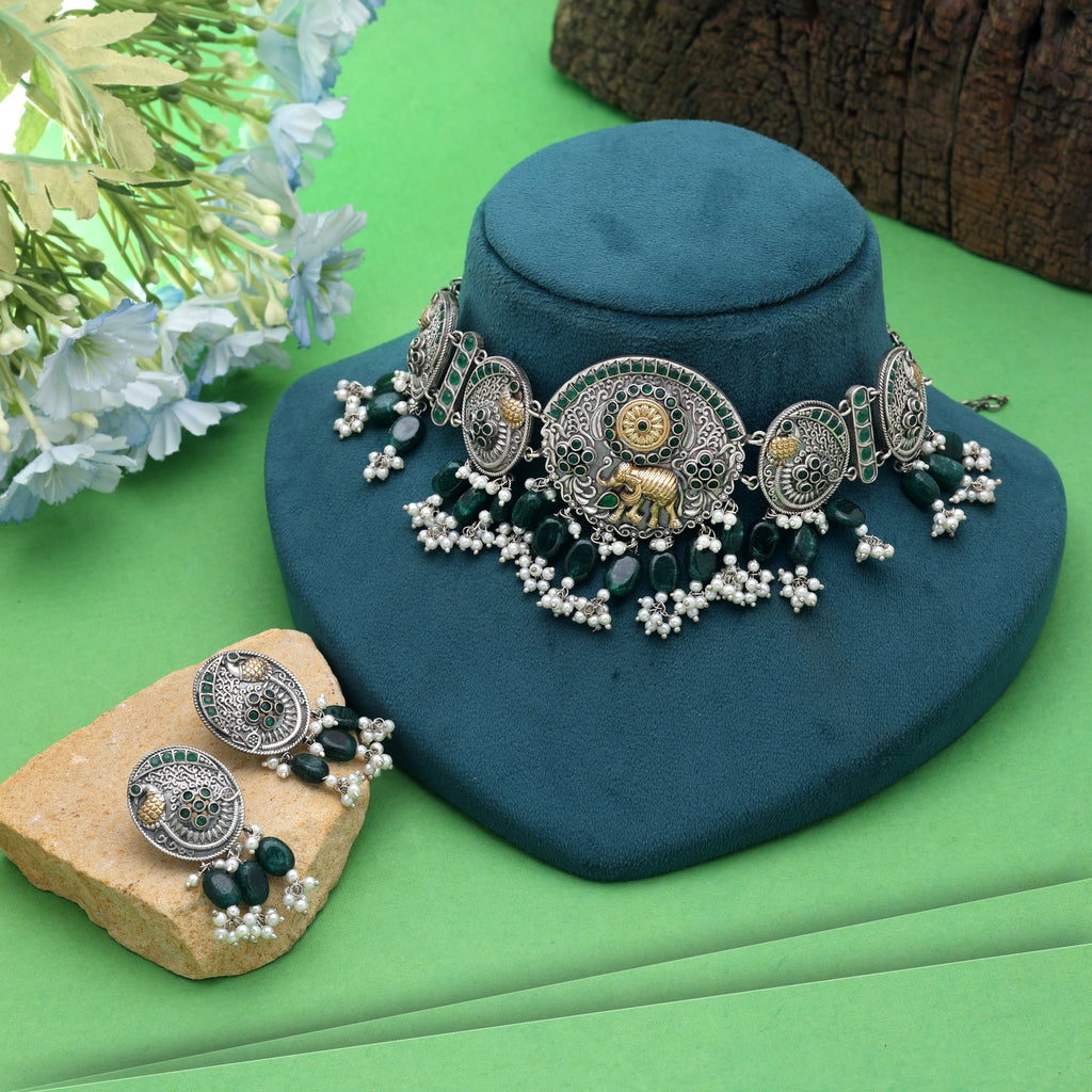 Green Color Dual Tone Oxidised Stone Necklace Set Ethnic Appeal