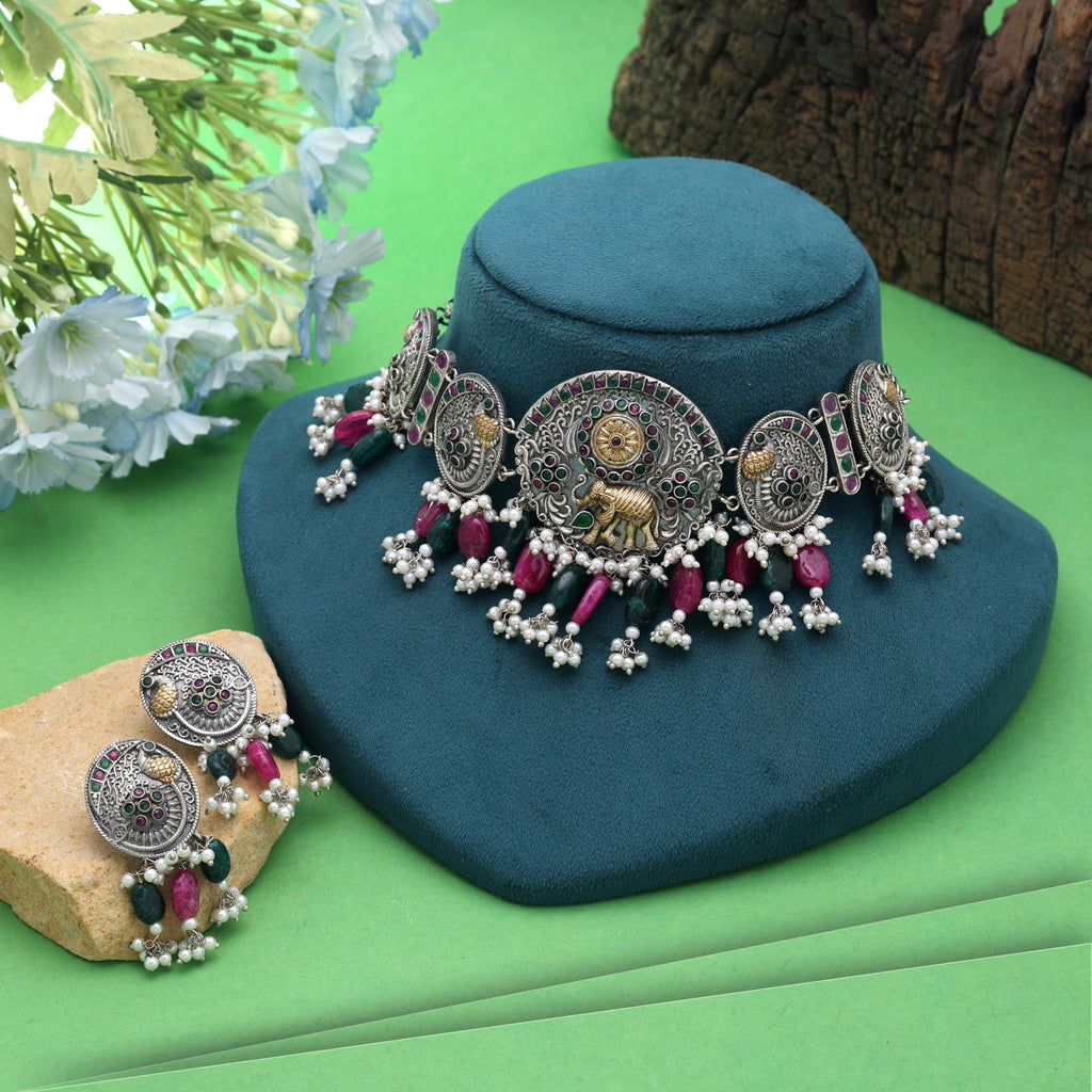 Multi Color Dual Tone Oxidised Stone Necklace Set Traditional Design