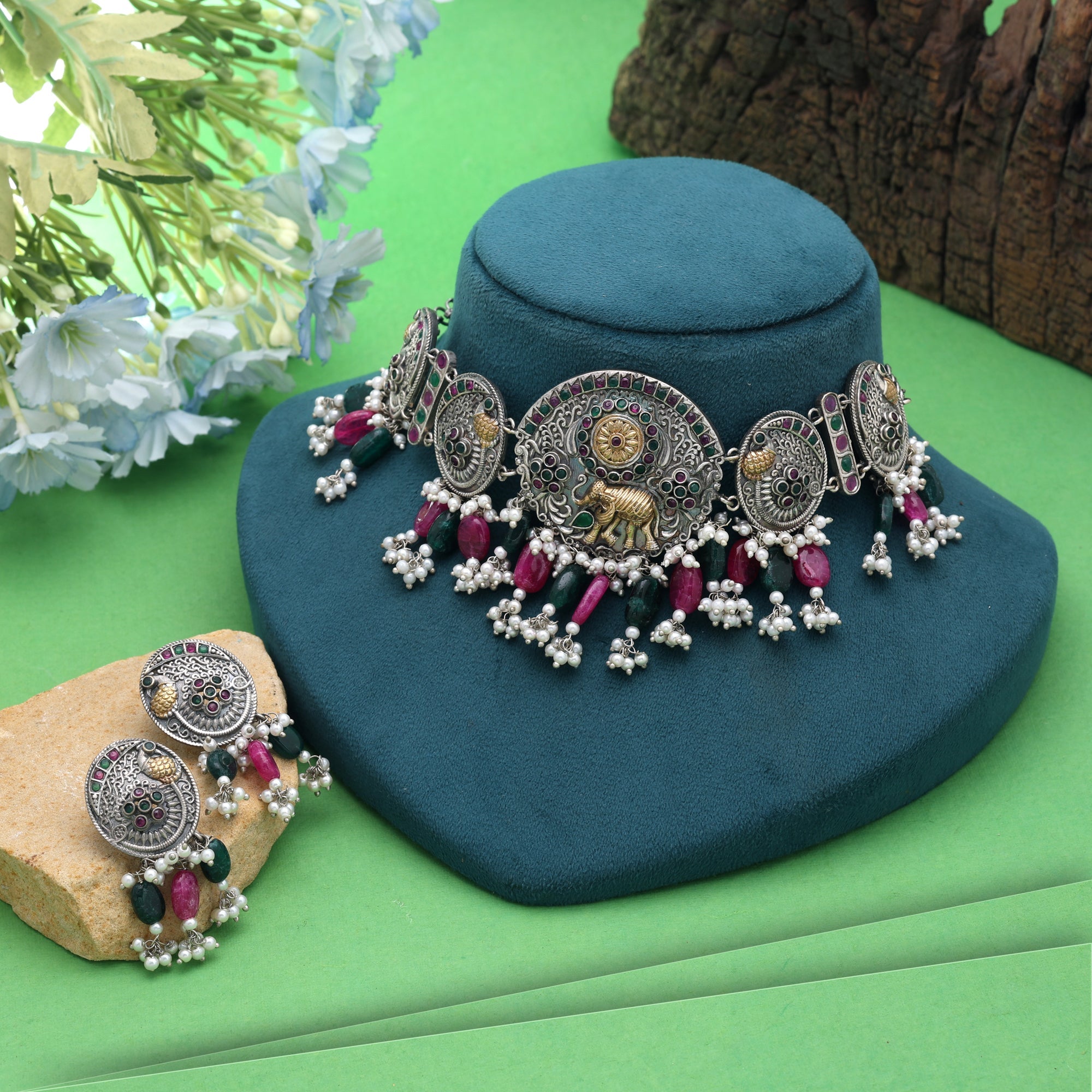 Multi Color Dual Tone Oxidised Stone Necklace Set Traditional Design