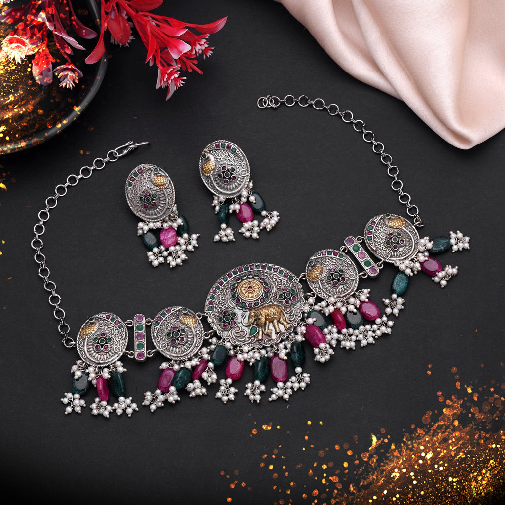 Multi Color Dual Tone Oxidised Stone Necklace Set Traditional Design
