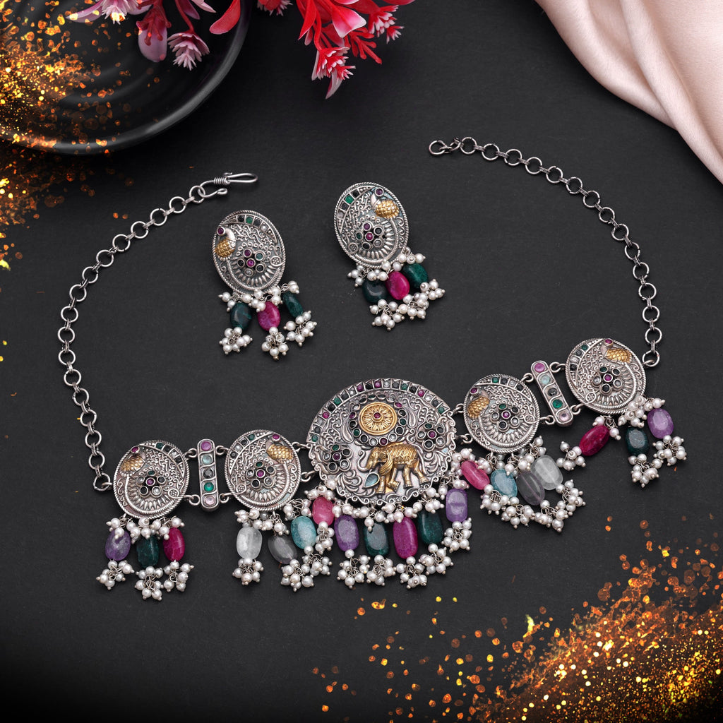 Rani & Green Color Dual Tone Oxidised Stone Necklace Set Festive Wear