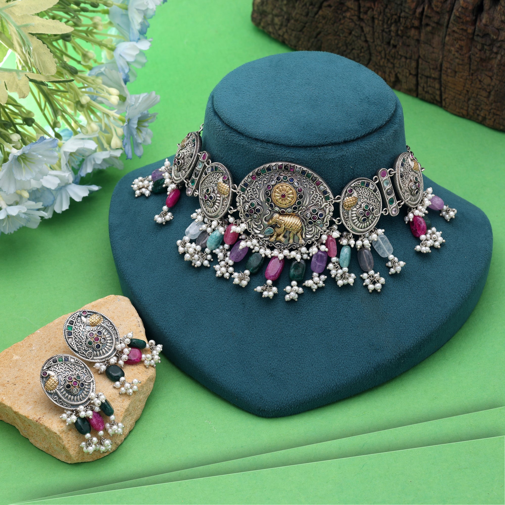 Rani & Green Color Dual Tone Oxidised Stone Necklace Set Festive Wear